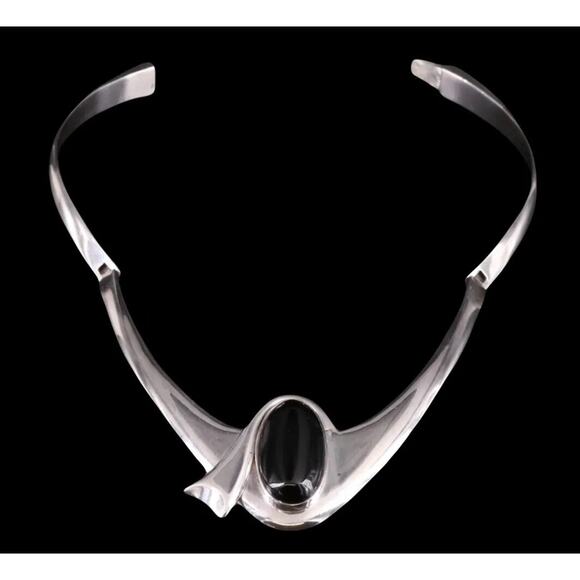 Alicia de la Paz Taxco Mexico 950 Silver Obsidian Modernist Collar Necklace 114g - Picture 4 of 12